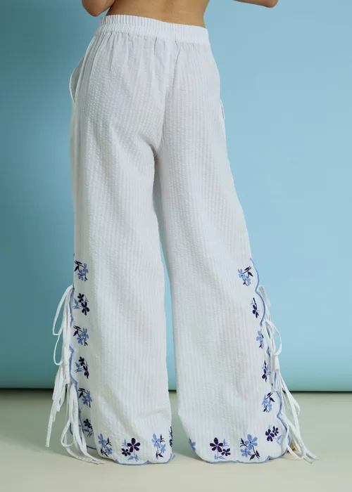 Neon Rose White Cotton Stretch Tie Side Floral Embroidered Trousers - L Image 2