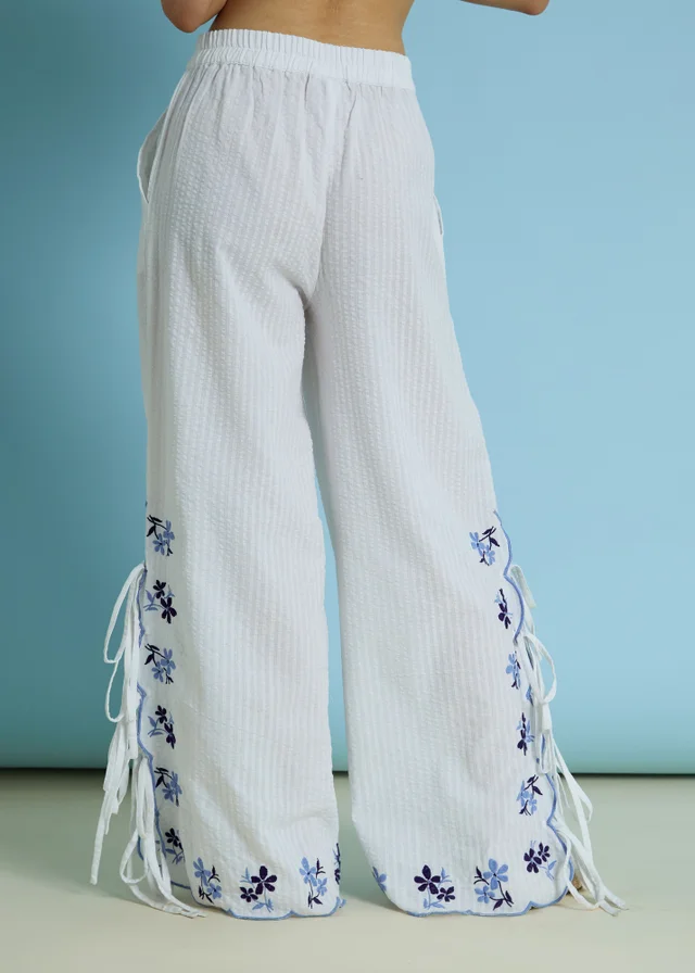 Neon Rose White Cotton Stretch Tie Side Floral Embroidered Trousers