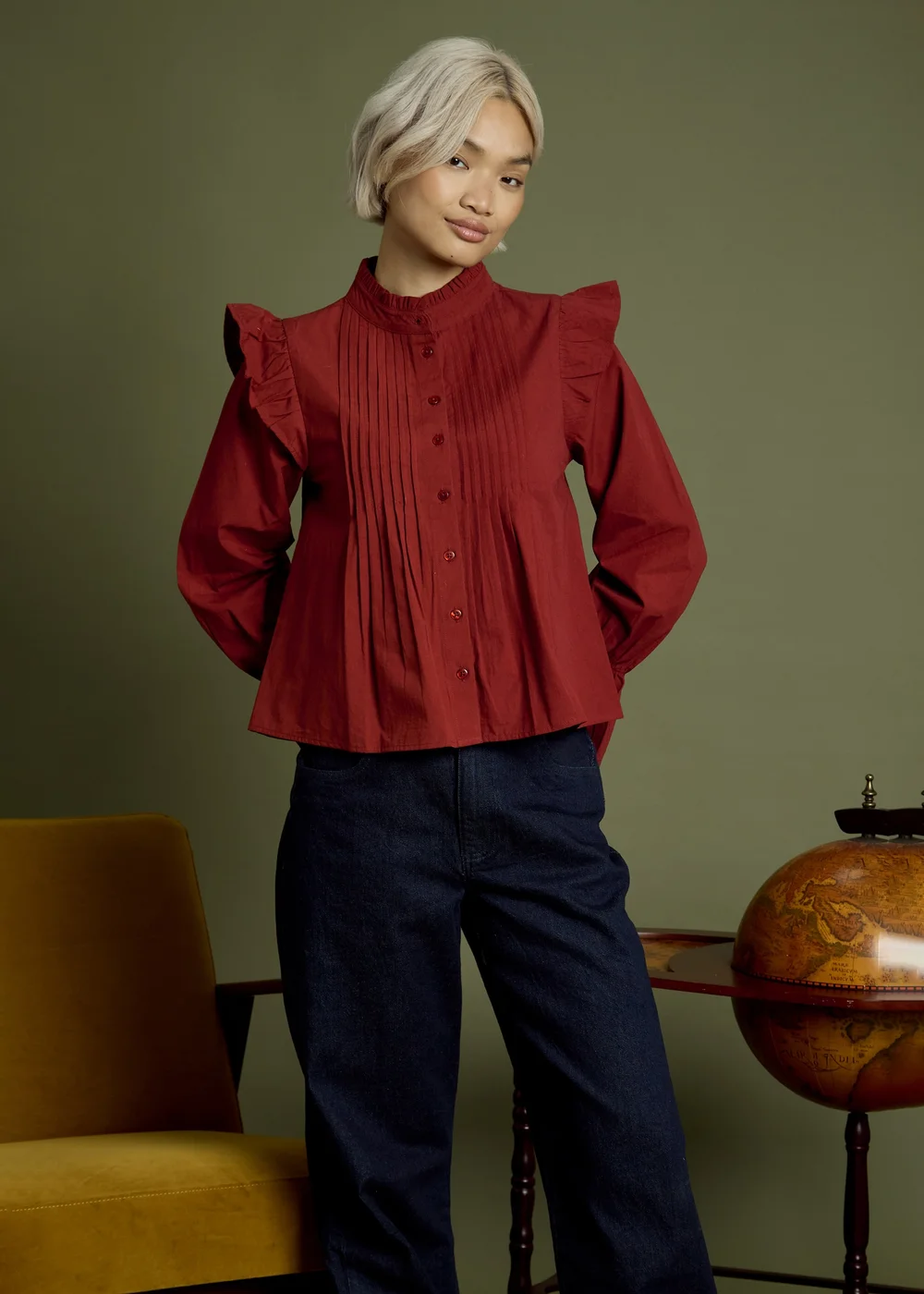 Neon Rose Burgundy Cotton High Ruffle Neck Pintuck Blouse - S Image 1
