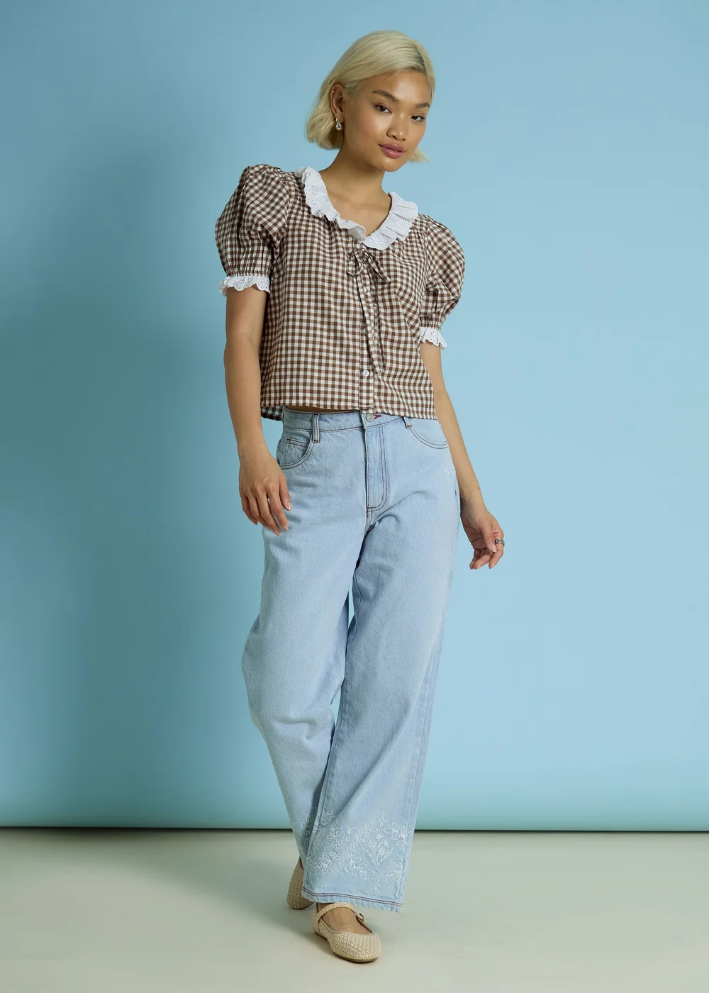 Neon Rose Brown Cotton Stretch Broderie Trim Gingham Blouse - XS Image 5