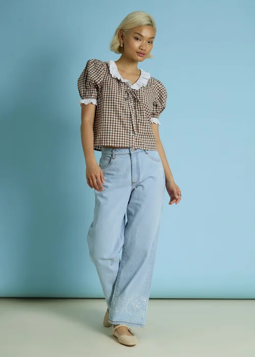Neon Rose Brown Cotton Stretch Broderie Trim Gingham Blouse - XS Image 5