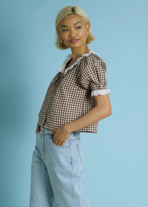 Neon Rose Brown Cotton Stretch Broderie Trim Gingham Blouse - XS Image 3