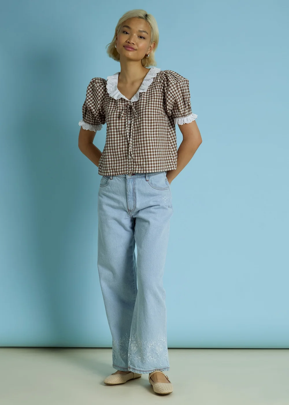 Neon Rose Brown Cotton Stretch Broderie Trim Gingham Blouse - XS Image 4