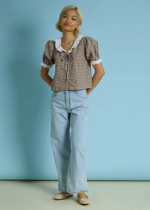 Neon Rose Brown Cotton Stretch Broderie Trim Gingham Blouse - XS Image 4