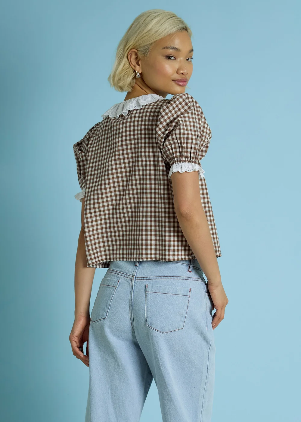 Neon Rose Brown Cotton Stretch Broderie Trim Gingham Blouse - XS Image 2