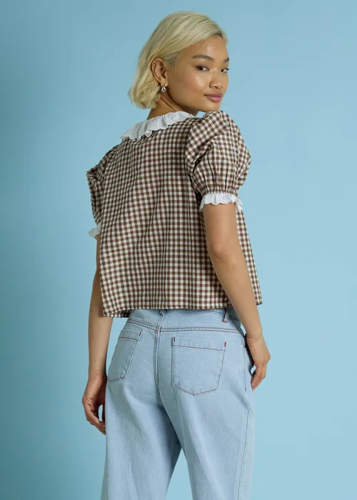 Neon Rose Brown Cotton Stretch Broderie Trim Gingham Blouse - XS Image 2