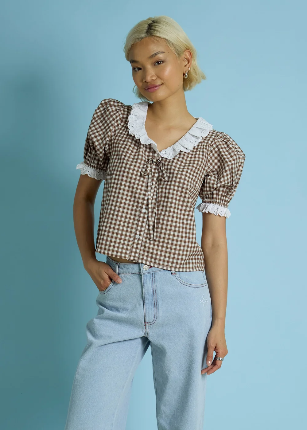 Neon Rose Brown Cotton Stretch Broderie Trim Gingham Blouse - XS Image 1