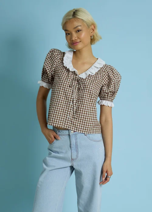 Neon Rose Brown Cotton Stretch Broderie Trim Gingham Blouse - XS Image 1