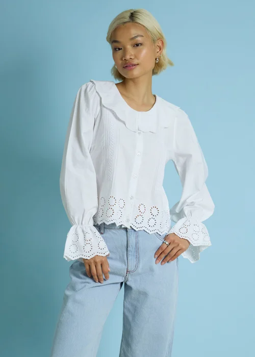 Neon Rose White Cotton Broiderie Trim Frill Cuff Blouse - M Image 3