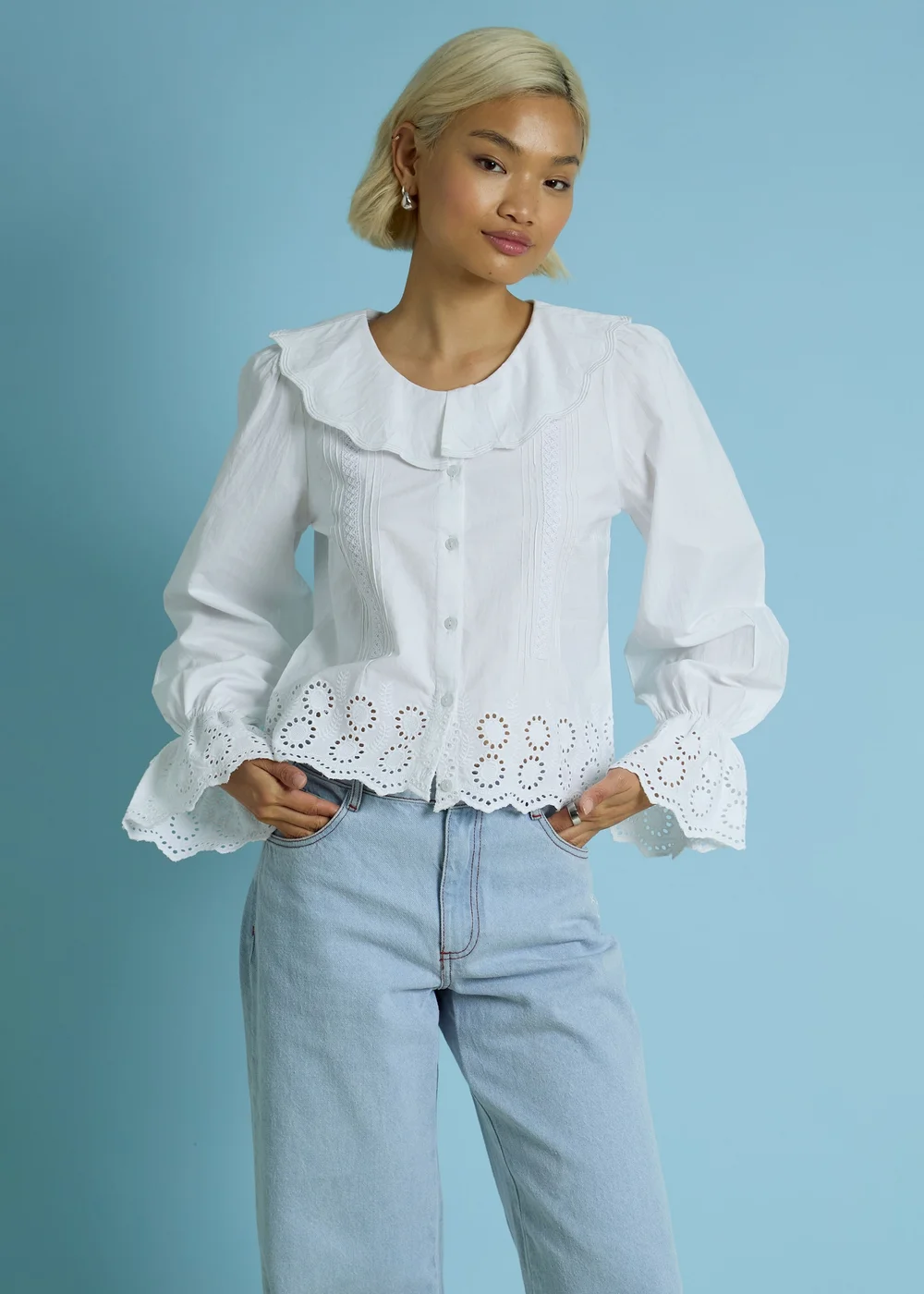 Neon Rose White Cotton Broiderie Trim Frill Cuff Blouse - M Image 1