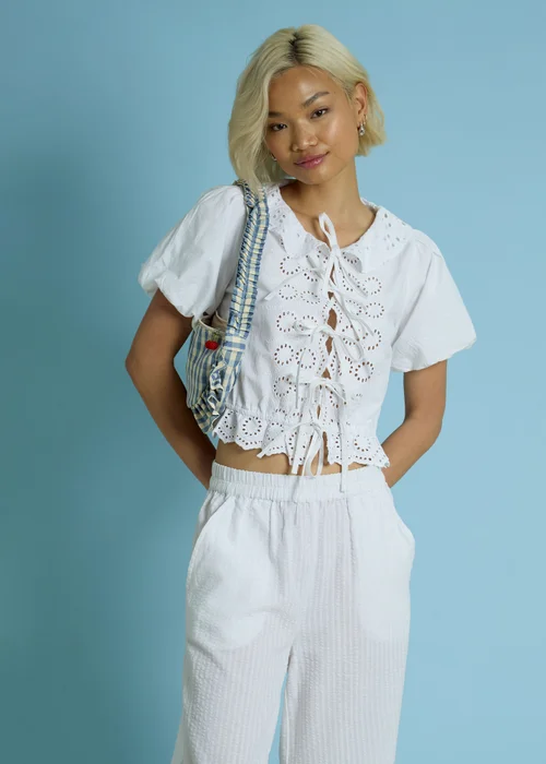 Neon Rose White Cotton Broderie Tie Front Blouse - XS Image 5