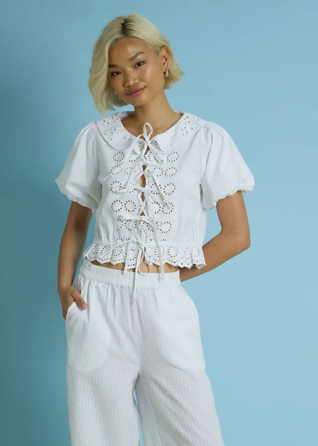 Neon Rose White Cotton Broderie Tie Front Blouse