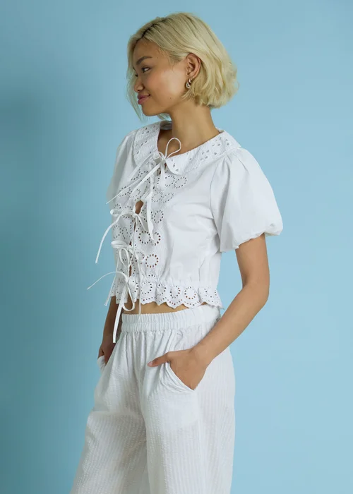Neon Rose White Cotton Broderie Tie Front Blouse - XS Image 3
