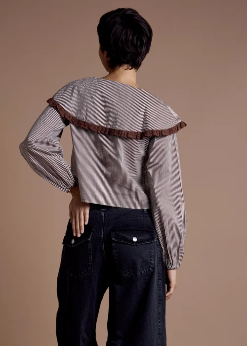 Neon Rose Brown Cotton Stripe Oversized Collar Blouse - S Image 2