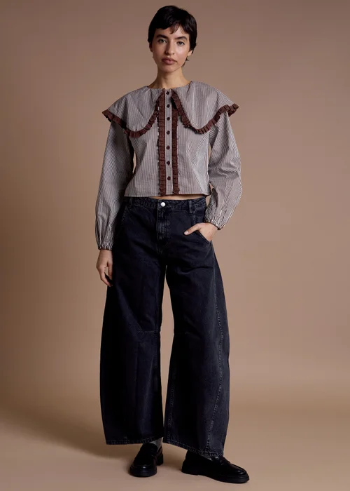 Neon Rose Brown Cotton Stripe Oversized Collar Blouse - S Image 4