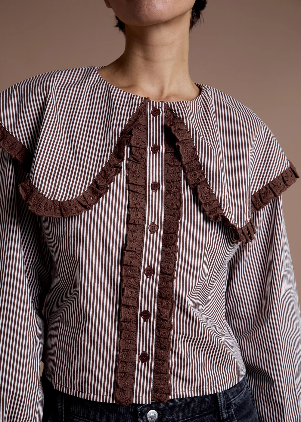 Neon Rose Brown Cotton Stripe Oversized Collar Blouse - S Image 3