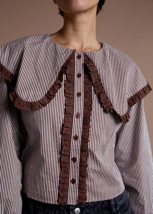 Neon Rose Brown Cotton Stripe Oversized Collar Blouse - S Image 3