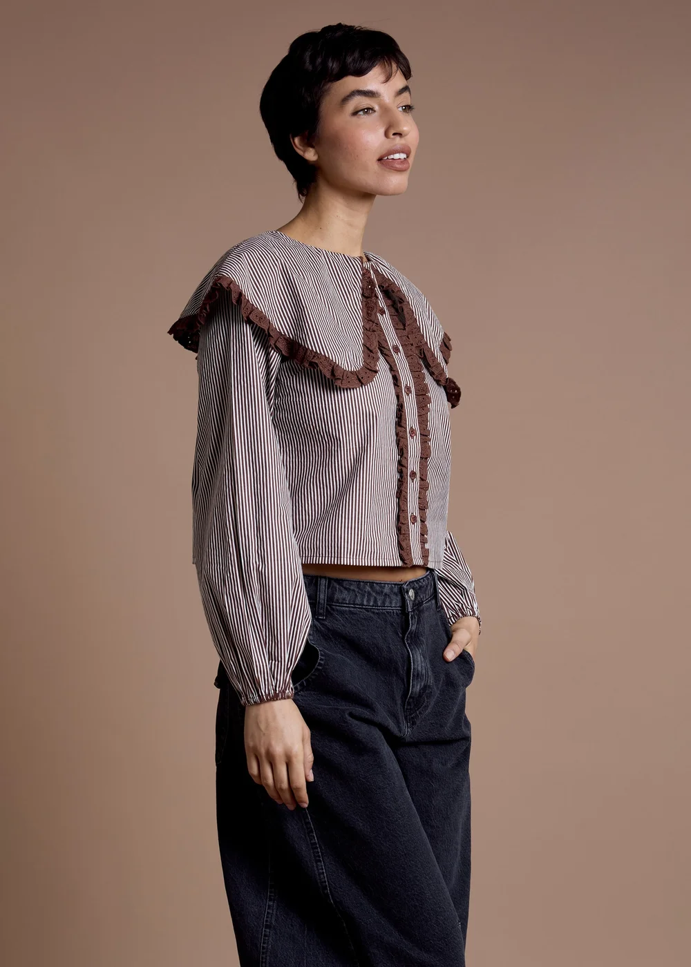 Neon Rose Brown Cotton Stripe Oversized Collar Blouse - S Image 5