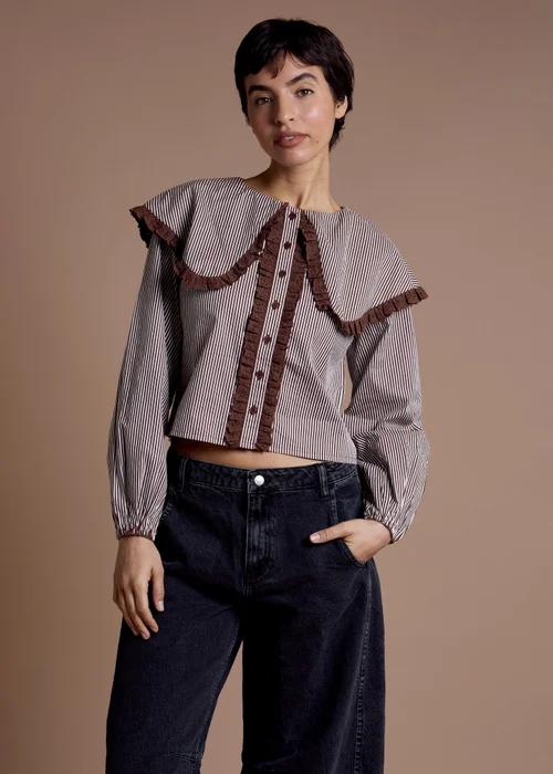 Neon Rose Brown Cotton Stripe Oversized Collar Blouse - S Image 1