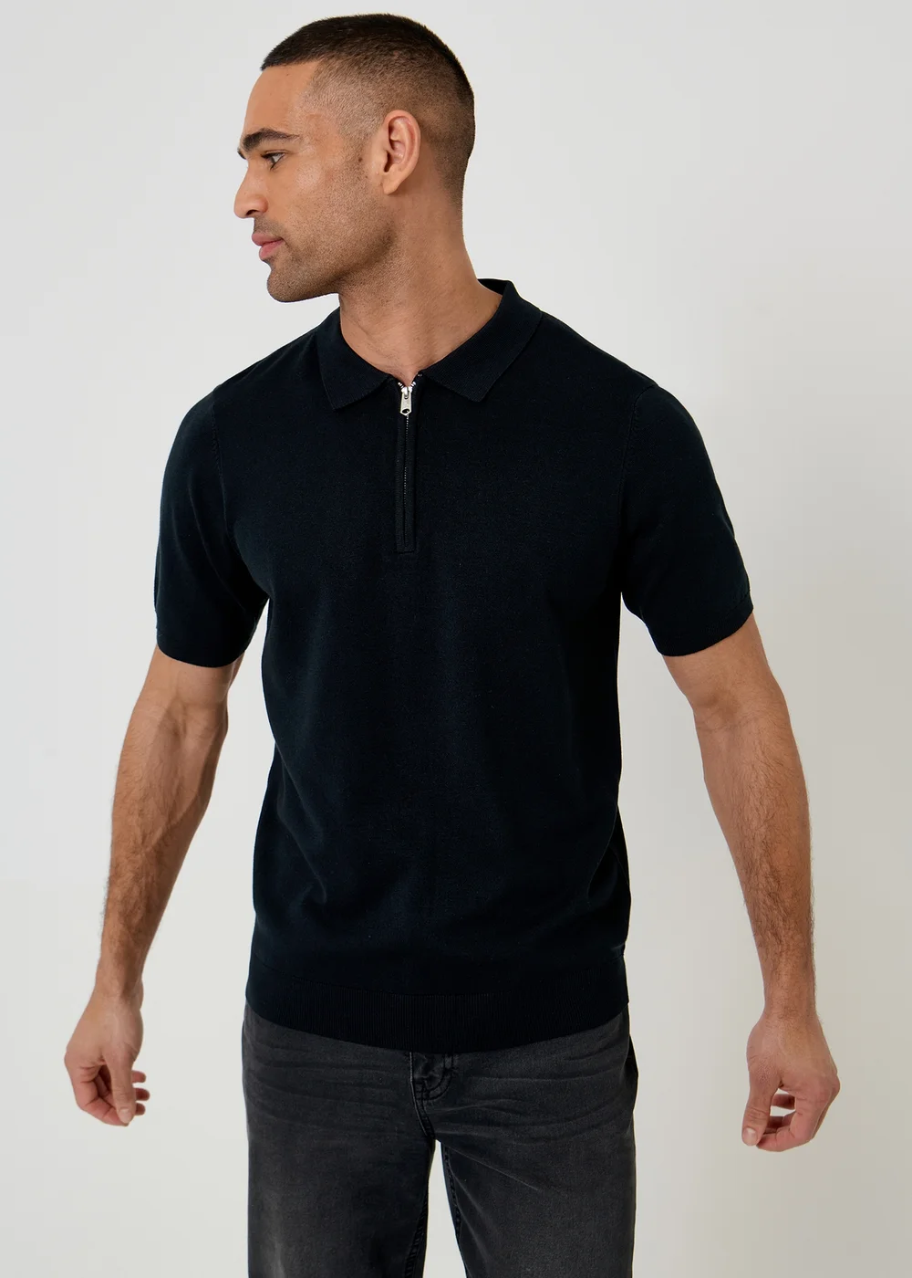 Threadbare Black Quarter Zip Knitted Polo - 2XL Image 1