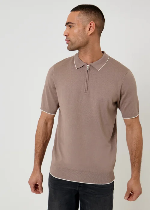 Threadbare Taupe Knitted Quarter Zip Polo With Contrast Tipping - M Image 1