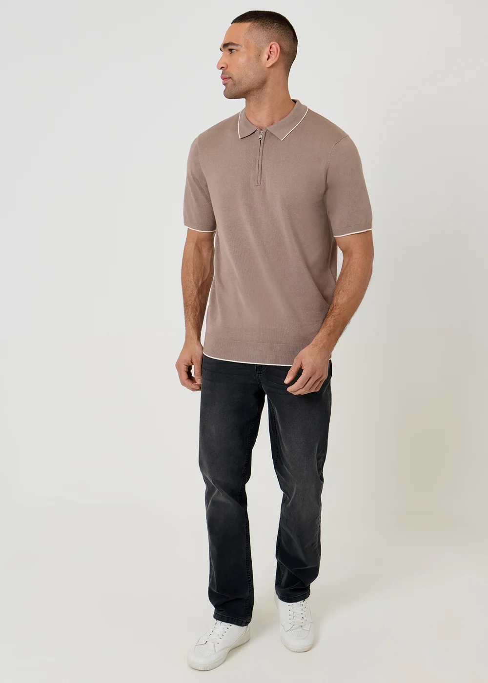 Threadbare Taupe Knitted Quarter Zip Polo With Contrast Tipping - M Image 3