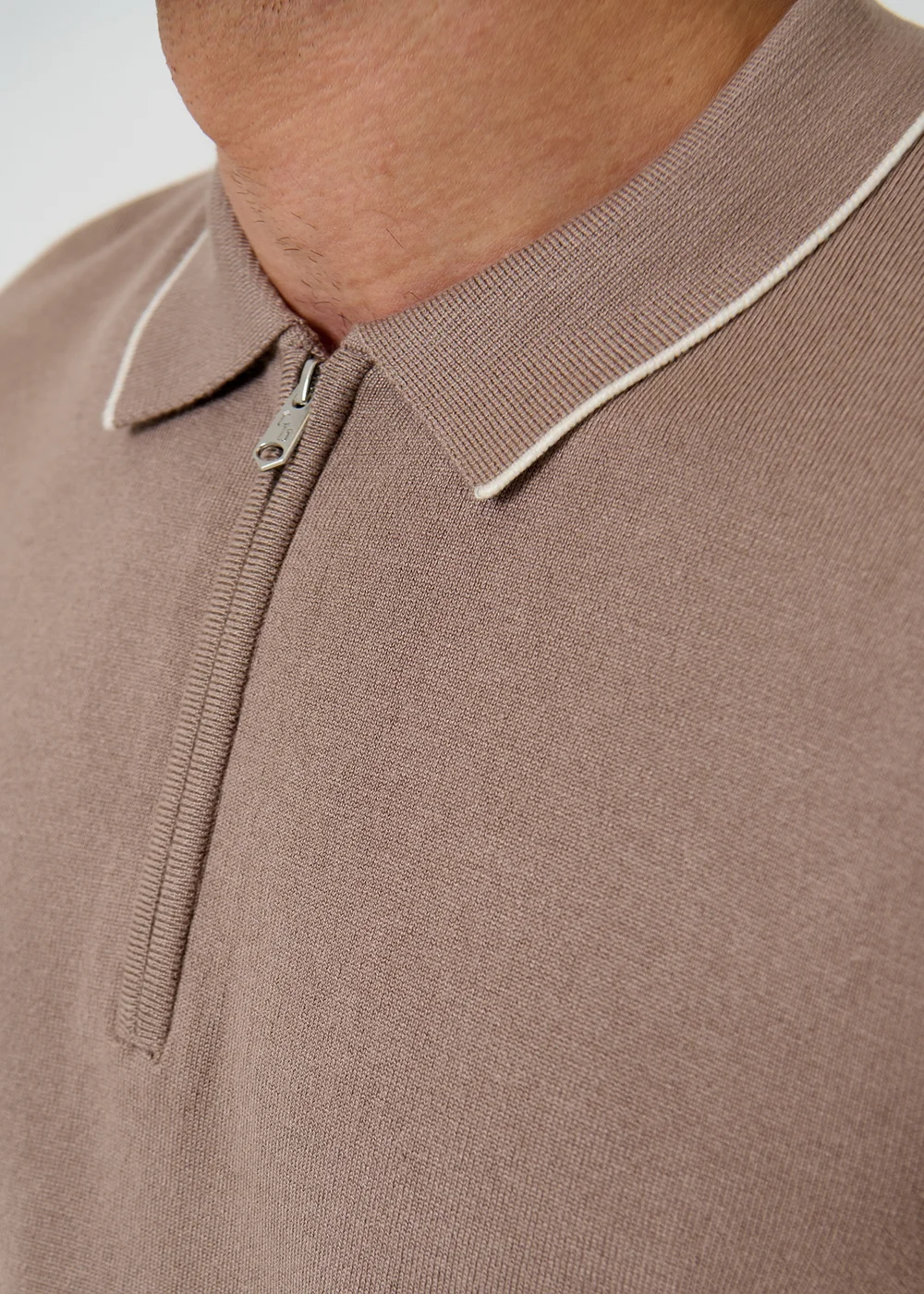 Threadbare Taupe Knitted Quarter Zip Polo With Contrast Tipping - M Image 5