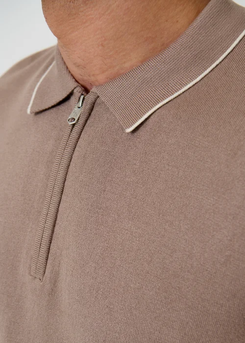 Threadbare Taupe Knitted Quarter Zip Polo With Contrast Tipping - M Image 5