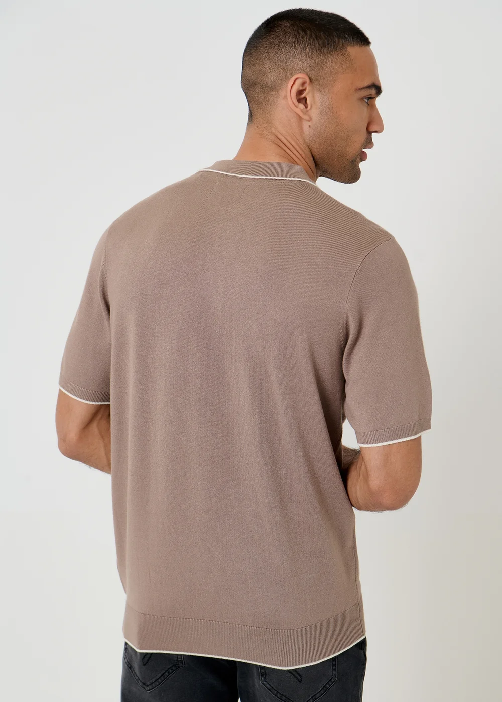 Threadbare Taupe Knitted Quarter Zip Polo With Contrast Tipping - M Image 2