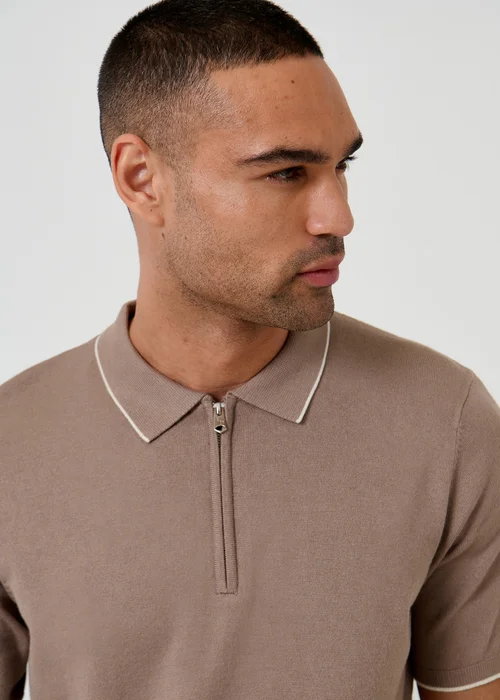 Threadbare Taupe Knitted Quarter Zip Polo With Contrast Tipping - M Image 4