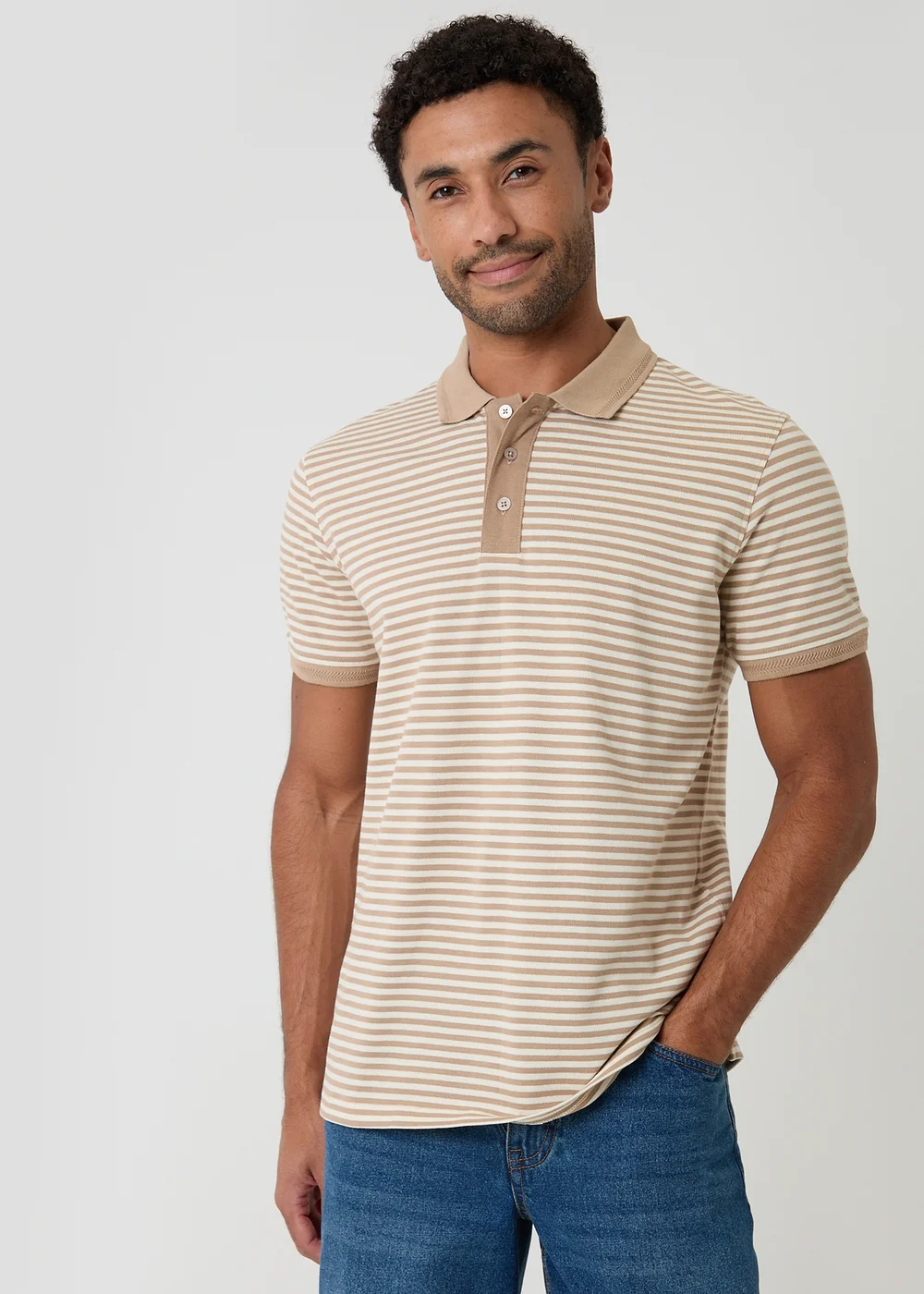 Threadbare Stone Stripe Cotton Pique Polo Shirt - L Image 5