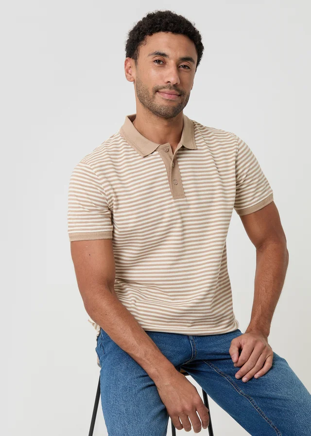 Threadbare Stone Stripe Cotton Pique Polo Shirt