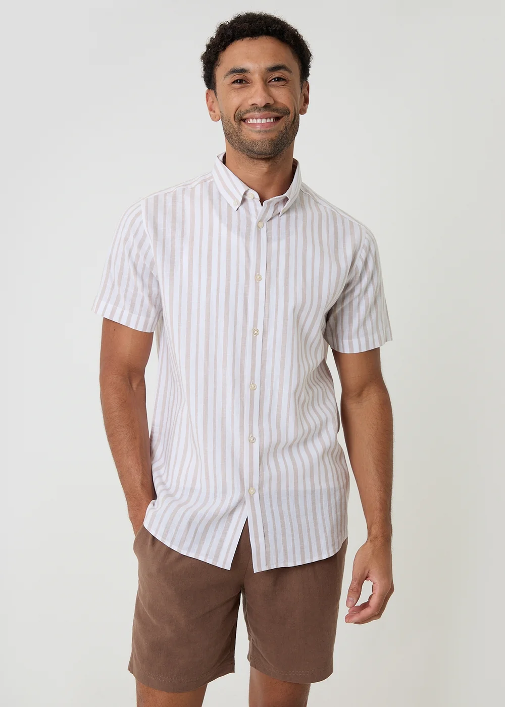 Threadbare Stone Stripe Linen Cotton Blend Short Sleeve Shirt - 2XL Image 5