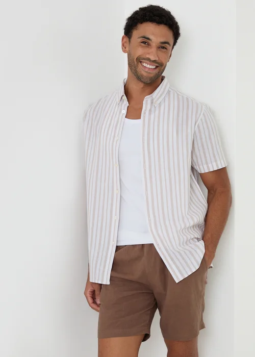 Threadbare Stone Stripe Linen Cotton Blend Short Sleeve Shirt - 2XL Image 1