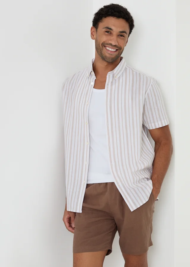 Threadbare Stone Stripe Linen Cotton Blend Short Sleeve Shirt