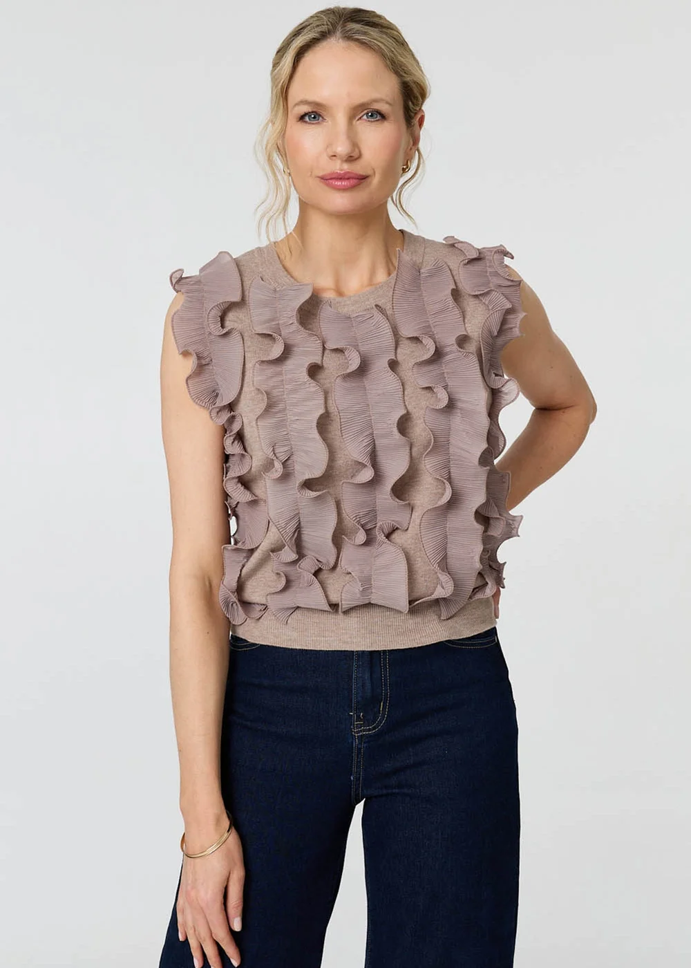 Izabel London Beige Ruffle Embellished Sleeveless Knit Top - XL Image 1