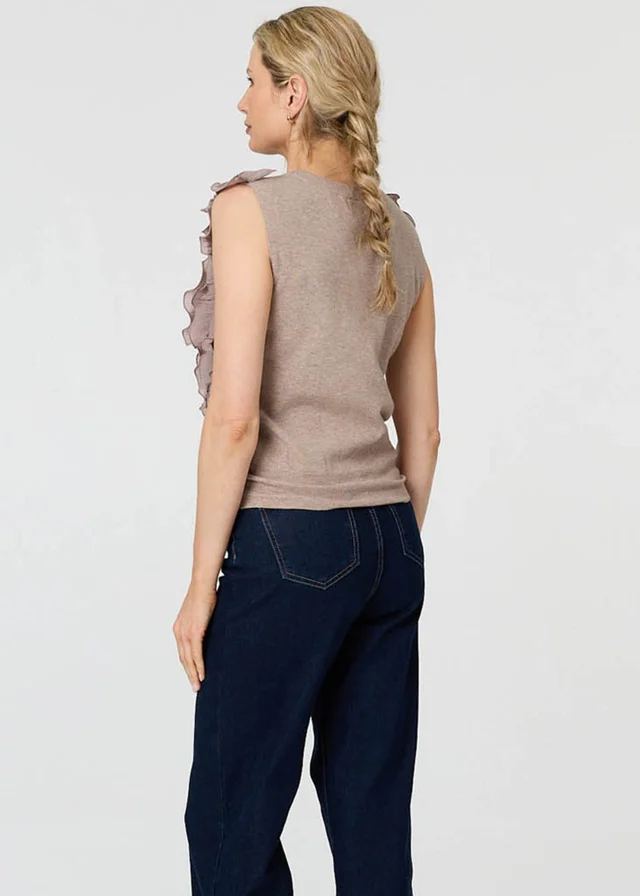 Izabel London Beige Ruffle Embellished Sleeveless Knit Top