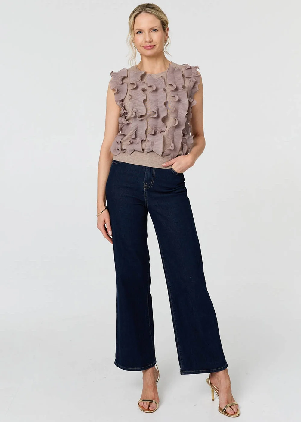 Izabel London Beige Ruffle Embellished Sleeveless Knit Top - XL Image 4