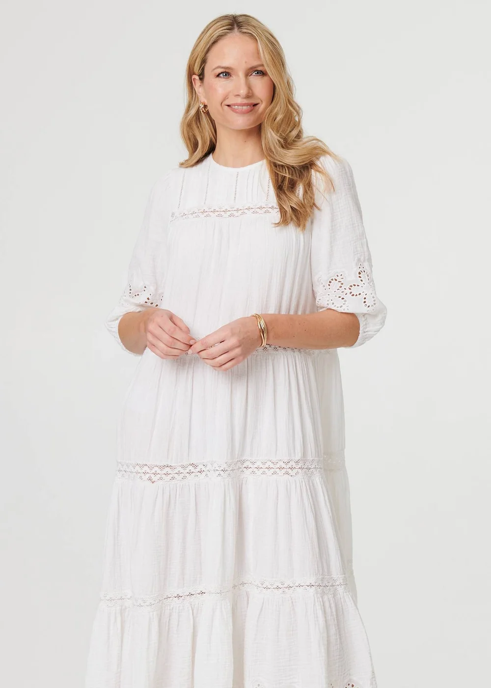 Izabel London White Broderie Anglaise Trim Tiered Midi Dress - 14 Image 1