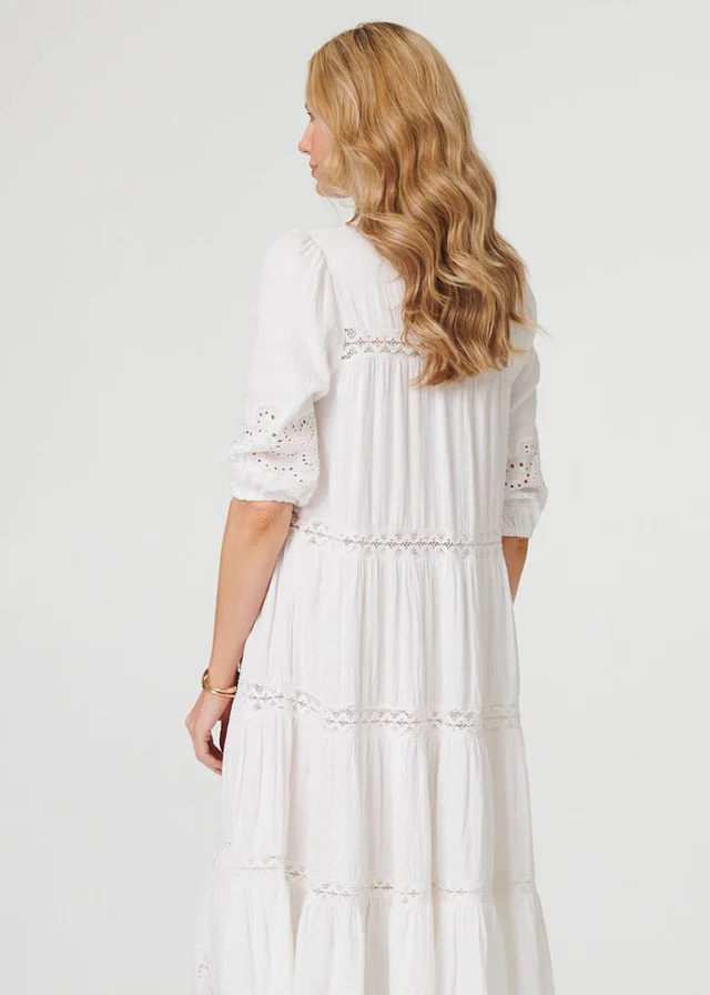 Izabel London White Broderie Anglaise Trim Tiered Midi Dress