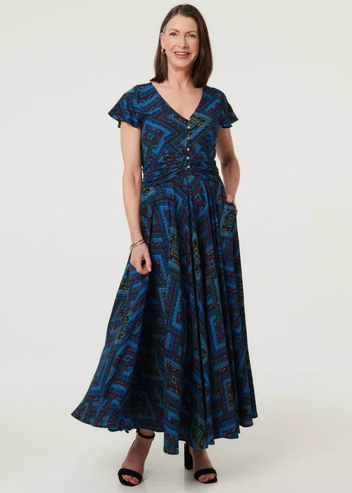 Izabel London Navy Geo Print Cap Sleeve Ruched Maxi Dress - 8 Image 4