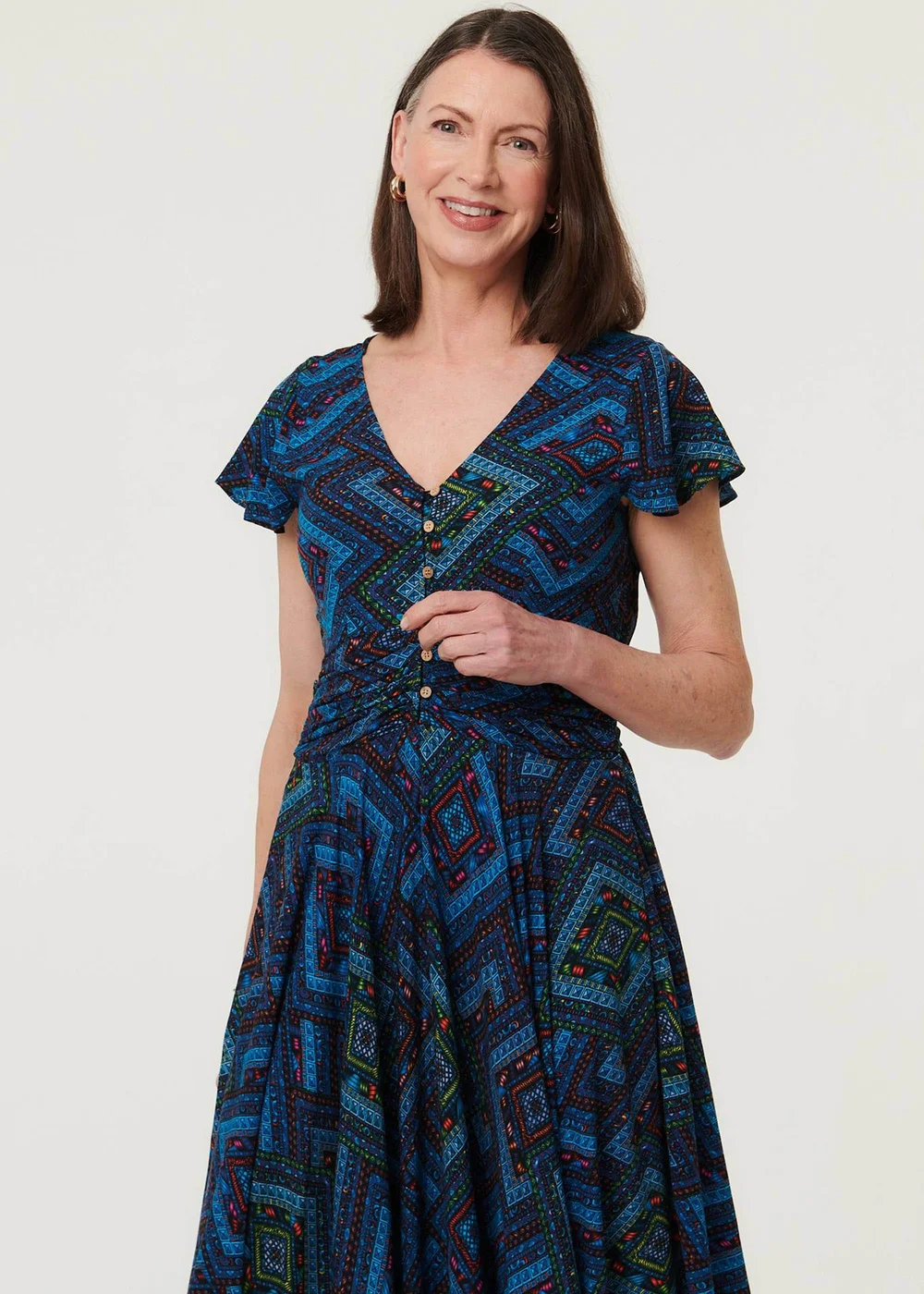 Izabel London Navy Geo Print Cap Sleeve Ruched Maxi Dress - 8 Image 1