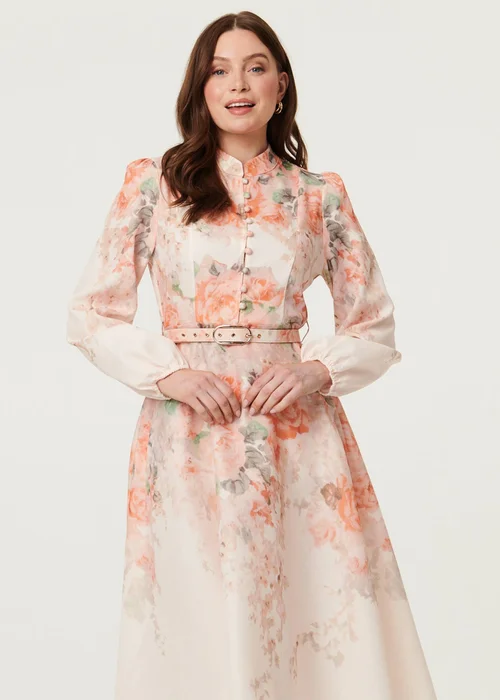 Izabel London Multi Pink Floral Belted High Neck Midi Dress - 10 Image 1