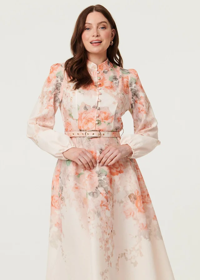 Izabel London Multi Pink Floral Belted High Neck Midi Dress