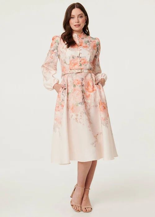 Izabel London Multi Pink Floral Belted High Neck Midi Dress - 10 Image 4