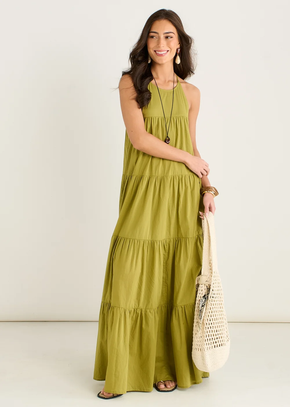 Gini London Khaki Tiered Halter Maxi Trapeze Dress - 12 Image 1