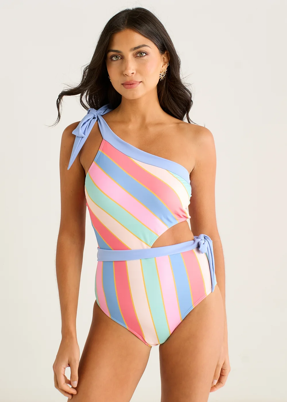 Gini London Multi Stripe Tie Detail One Shoulder Swimsuit - 12 Image 1