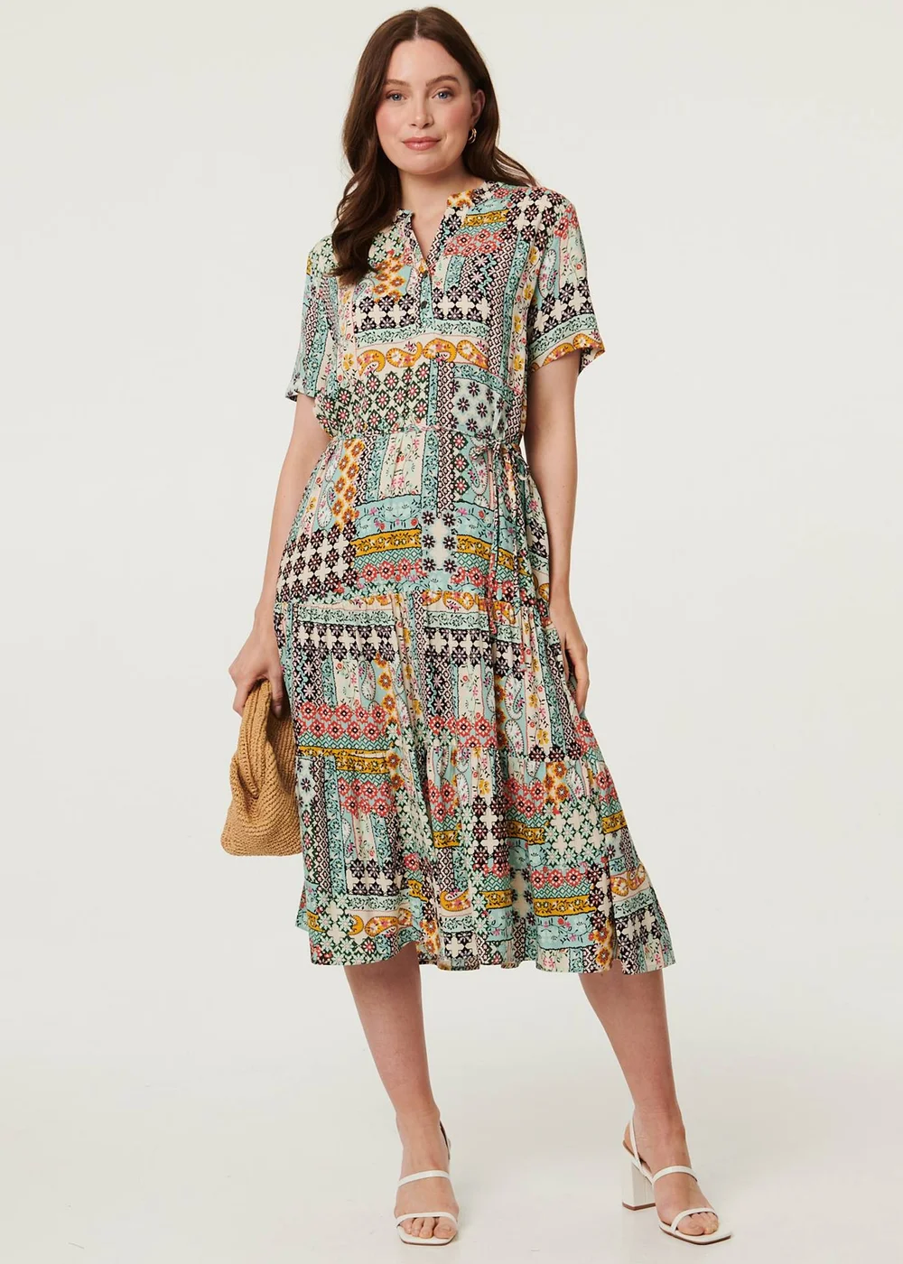 Izabel London Sage Abstract Short Sleeve Tie Midi Dress - 16 Image 1