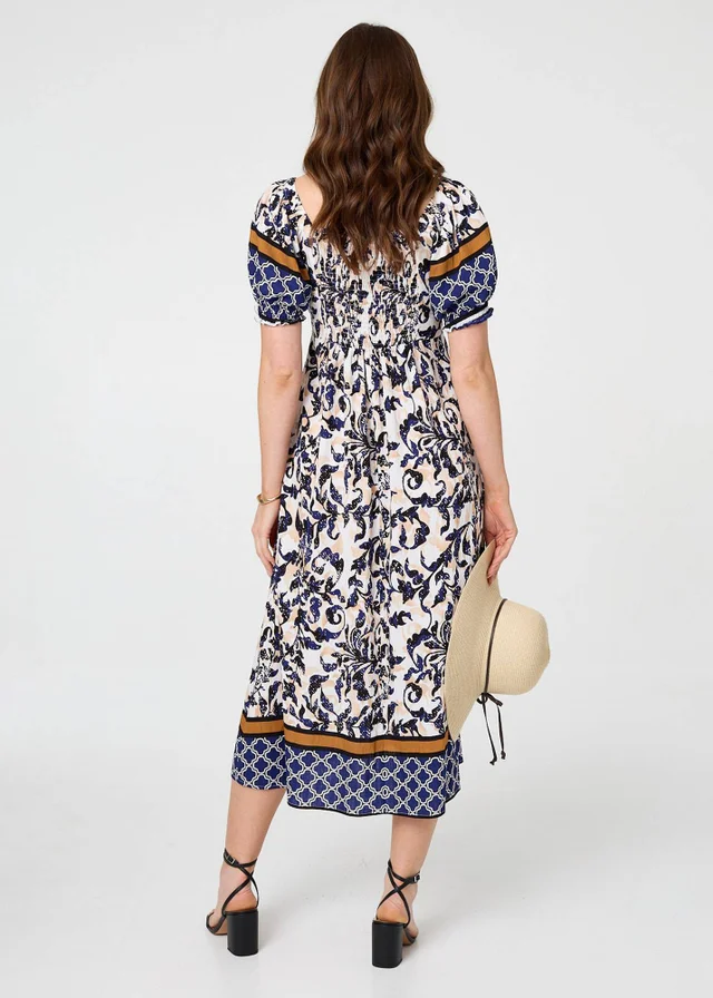 Izabel London Navy Floral Border Puff Sleeve Midi Dress