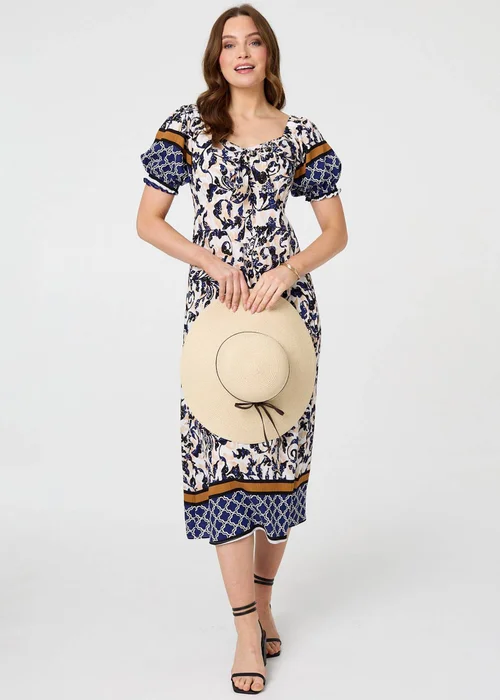 Izabel London Navy Floral Border Puff Sleeve Midi Dress - 12 Image 1